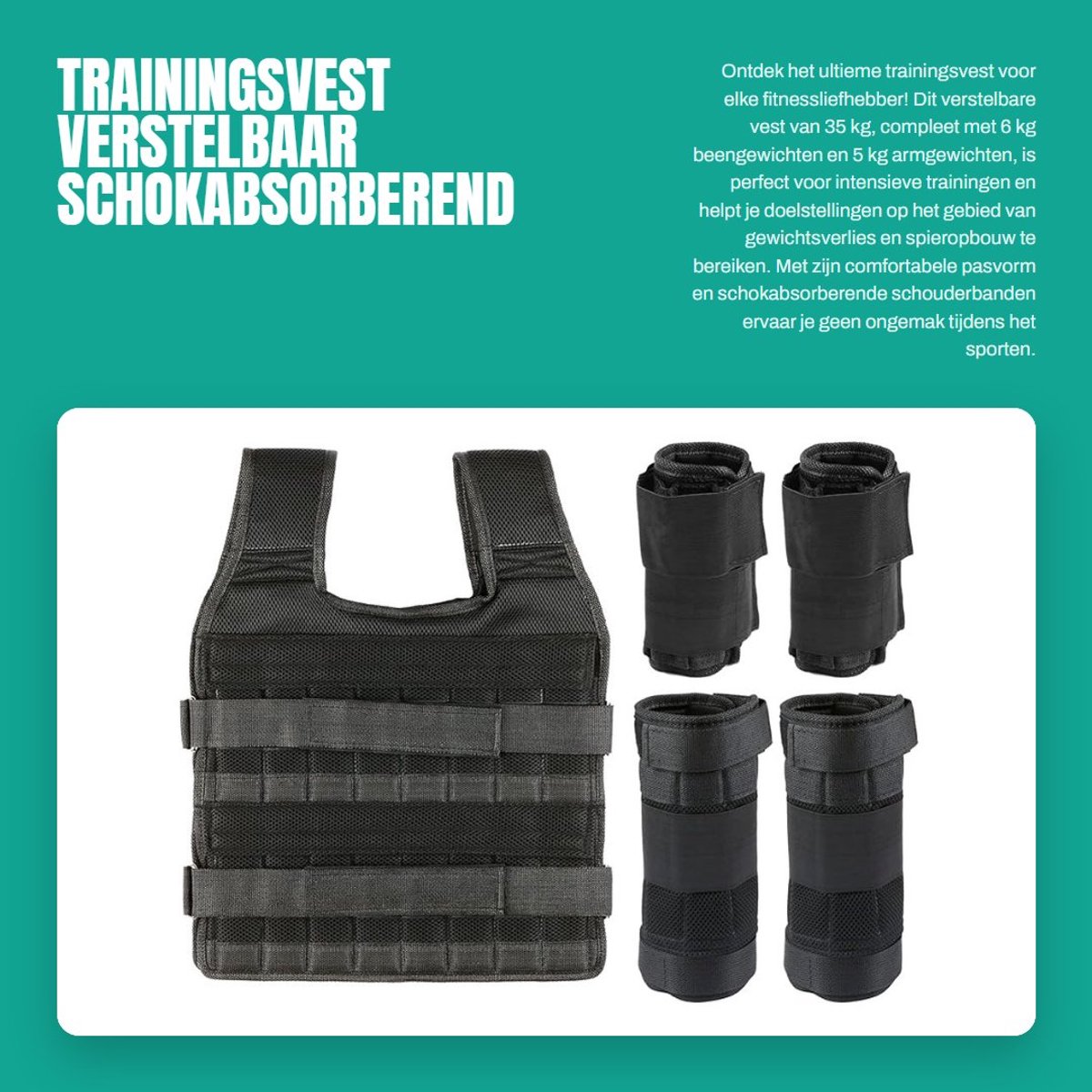Dailygoods- Trainingsvest 35 kg - Verstelbaar gewichtsvest - Schokabsorberende schouderbanden - Duurzaam netweefsel - 32 zakken voor gewichten - Comfortabele pasvorm