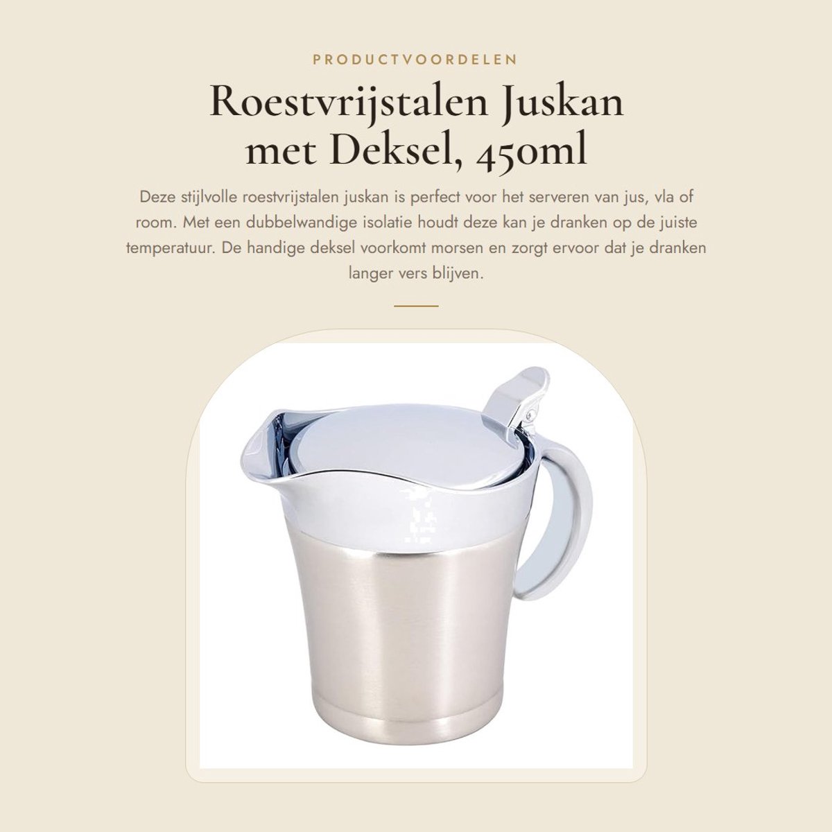 Dailygoods- Juskom Roestvrij Staal - Melkkan met Deksel - Dubbelwandige Geïsoleerde Sauskan - Serveerkan voor Jus - Formaat 450ml - Gewicht 411g