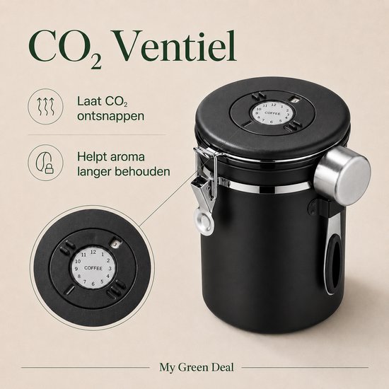 Zwarte koffiebewaarbus met zilverkleurige sluiting en lepelhouder. CO2-ventiel op deksel.
