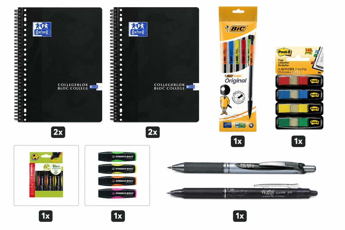Back to School - Schoolset - Collegeblok A4+, Pennen, Markeerstiften, Indextabs & Vulpotloden - Zwart
