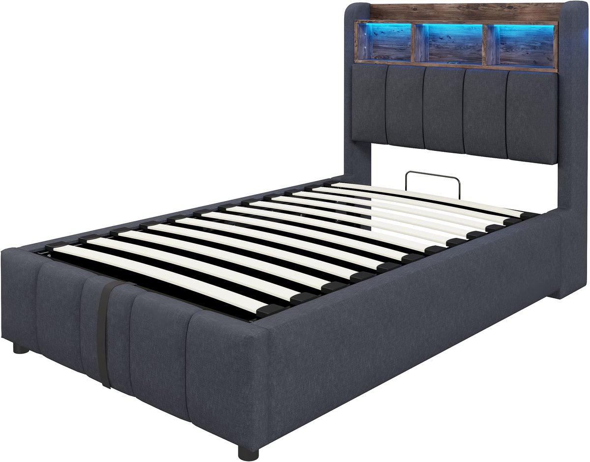 COVREO Polsterbed met LED – 90x200 cm met USB-aansluiting – Bed met opbergruimte – Kinderbed voor slaapkamer – Blauw - zonder matras Grijs