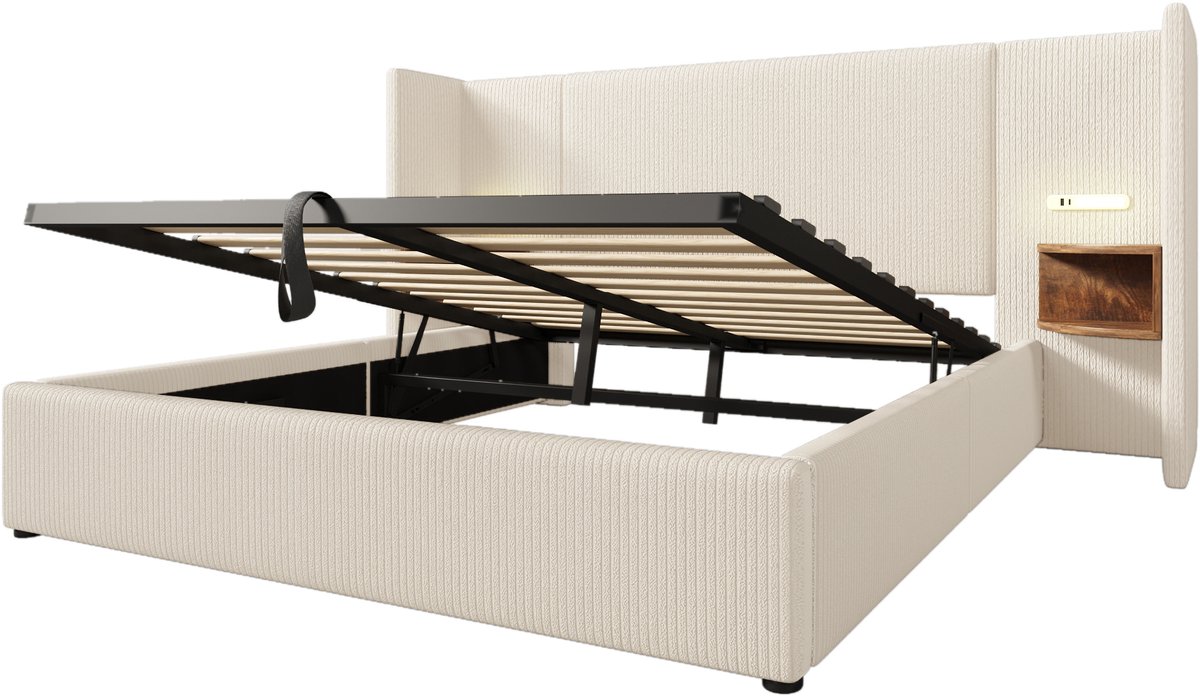 COVREO Gestoffeerd tweepersoonsbed van 160x200 mm met nachtkastje, leeslampje en USB Type-C oplaadfunctie. Bedframe met opbergruimte, massief hout en metalen lattenbodem, gebroken wit, corduroy stof (matras inbegrepen). Beige