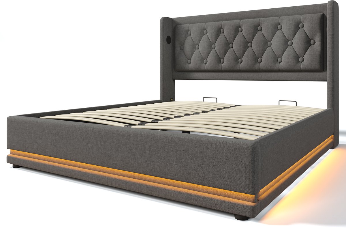 COVREO Bed 160x200 cm 170x210x101 grijs stof, opbergruimte, zonder matras