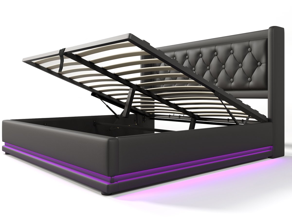 COVREO Bedframe 140x200 cm zwart PU, met opslag en LED, zonder matras