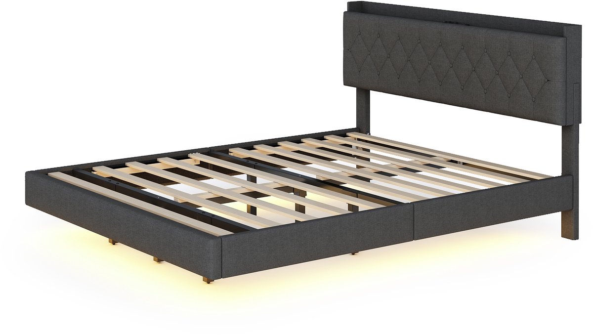 COVREO Bed 160x200 cm grijs stof, met LED-verlichting, USB-oplaadpoort en opbergruimte