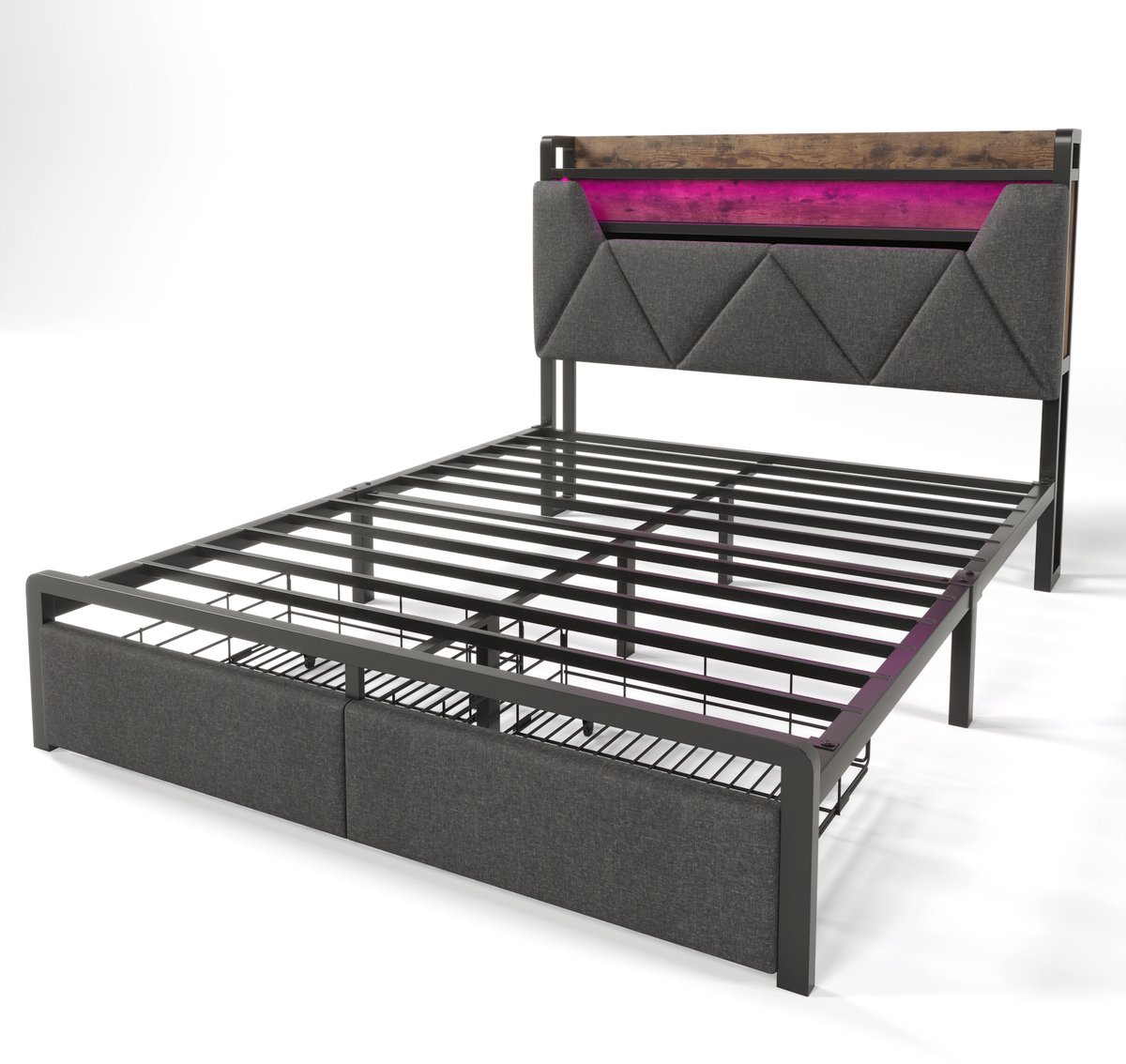 COVREO Bedframe 160x200 cm grijs, met opbergruimte, LED-verlichting en lades
