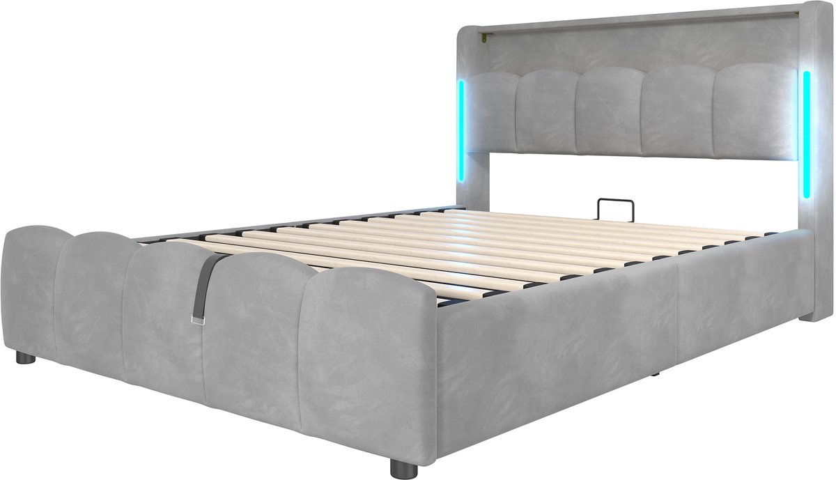 COVREO Bed 140 x 200 cm - grijs, met opbergruimte, LED-verlichting, USB en USB-C