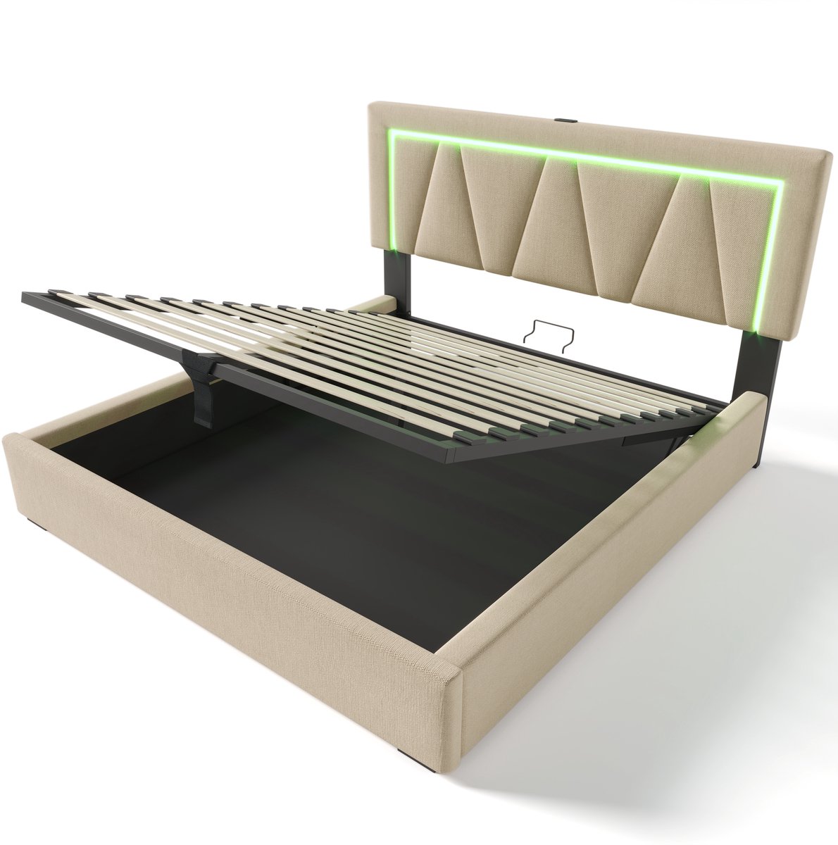 Dit gestoffeerde tweepersoonsbed met LED-verlichting is voorzien van een USB Type-C-oplaadpoort, LED-verlichting, opbergruimte en een linnen frame. Het tienerbed heeft een afmeting van 160x200 mm en is inclusief lattenbodem (matras niet inbegrepen).