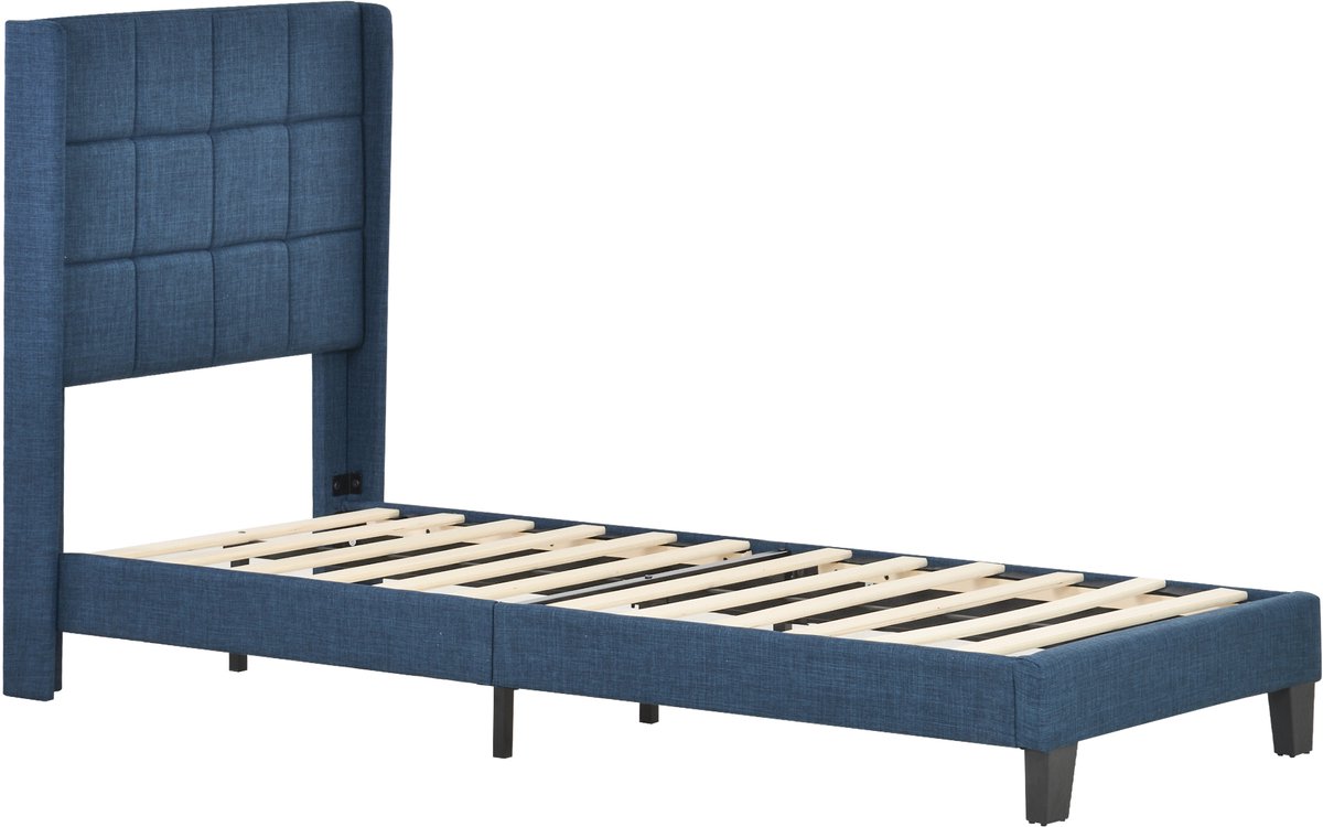 Gestoffeerd bed met gestoffeerd hoofdeinde, eenpersoonsbed, lattenbodem, 90x200 cm, blauw linnen, gemiddelde stevigheid (inclusief binnenveringmatras).