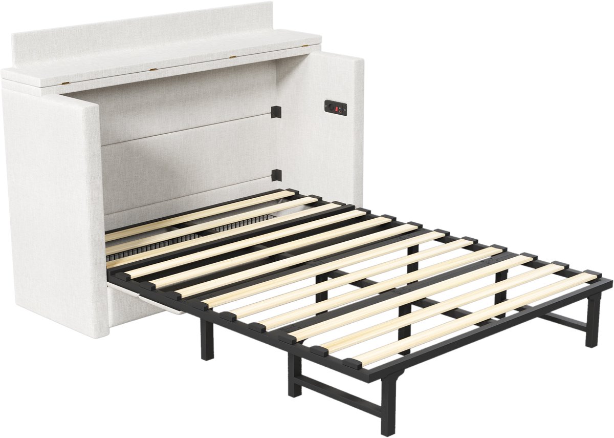 COVREO Opklapbed 140x200 cm beige, linnen, lade, USB, zonder matras