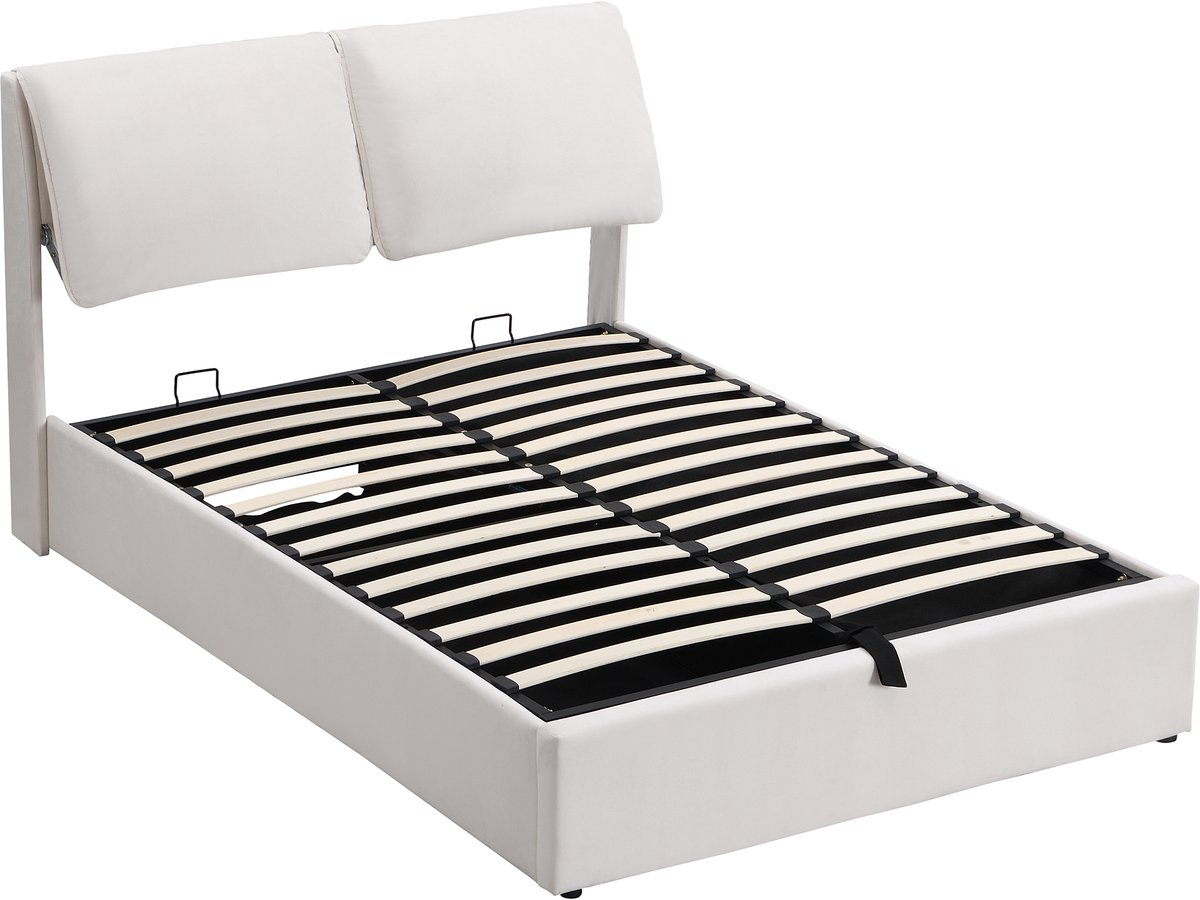 COVREO Bed met hydraulische opbergruimte – 140x200 cm – Tweepersoons bedframe met 3 lades – verstelbaar hoofdbord – Beige - zonder matras
