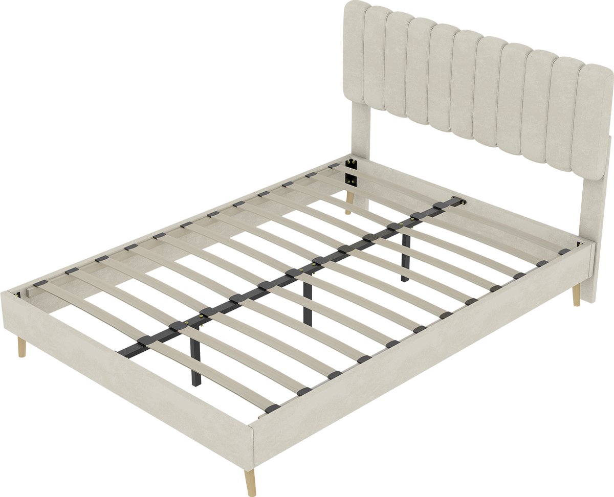COVREO Bedframe met gestoffeerd hoofdbord – 160x200 cm – Ledikant van hout en metaal – voor slaapkamer – Beige - zonder matras