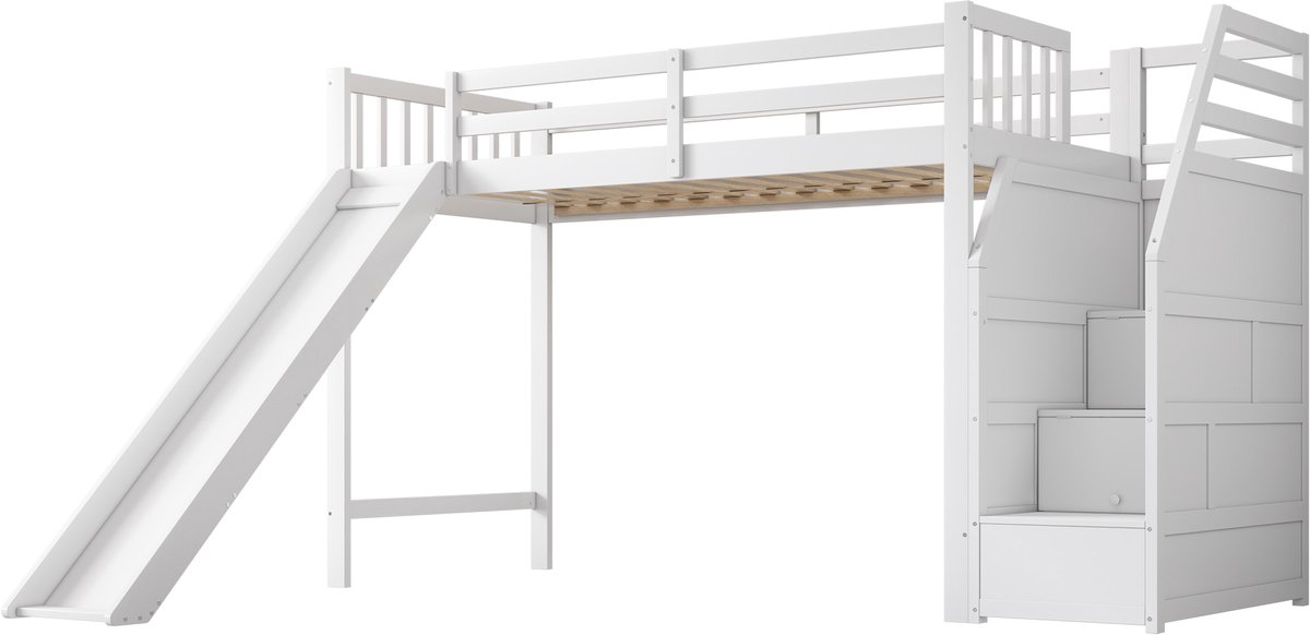 COVREO Hoogslaper 90x200 cm wit hout en MDF, met glijbaan en trap