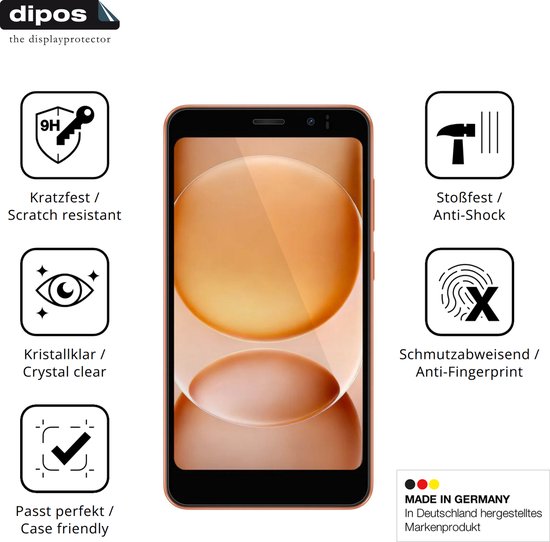 Een smartphone met een oranje achtergrond, omringd door iconen die "krasbestendig", "kristalhelder", "past perfect" en "stootvast" aanduiden.