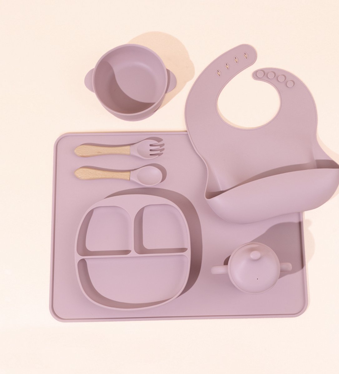 Babyservies Siliconen Set 6-delig - Roze – Bord, Kom, Beker, Slabbetje, Bestek & Placemat – BPA-vrij – Voor Baby & Peuter