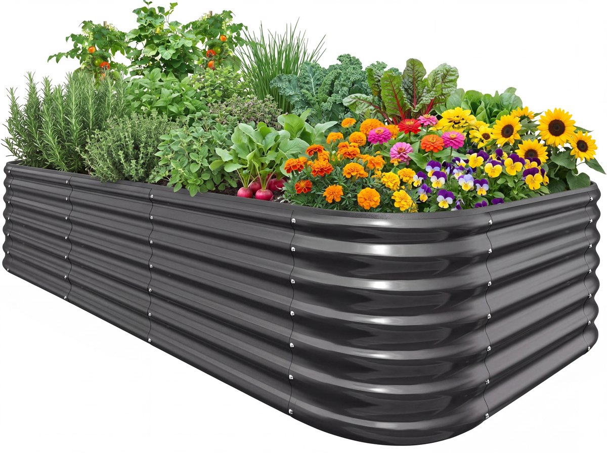 Quictent Verhoogde Kweekbak 240 x 120 x 62 cm – Moestuinbak van Verzinkt Staal voor Groenten, Kruiden en Bloemen, Grijs