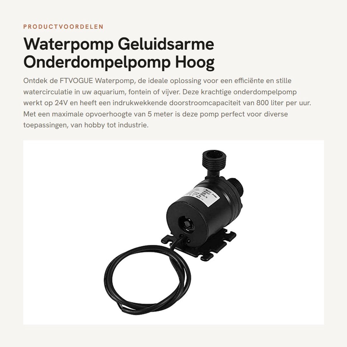 Dailygoods - Waterpomp - Geluidsarme Onderdompelpomp - Hoog rendement - 24V - 800L/H - Ideaal voor aquarium - Compact model