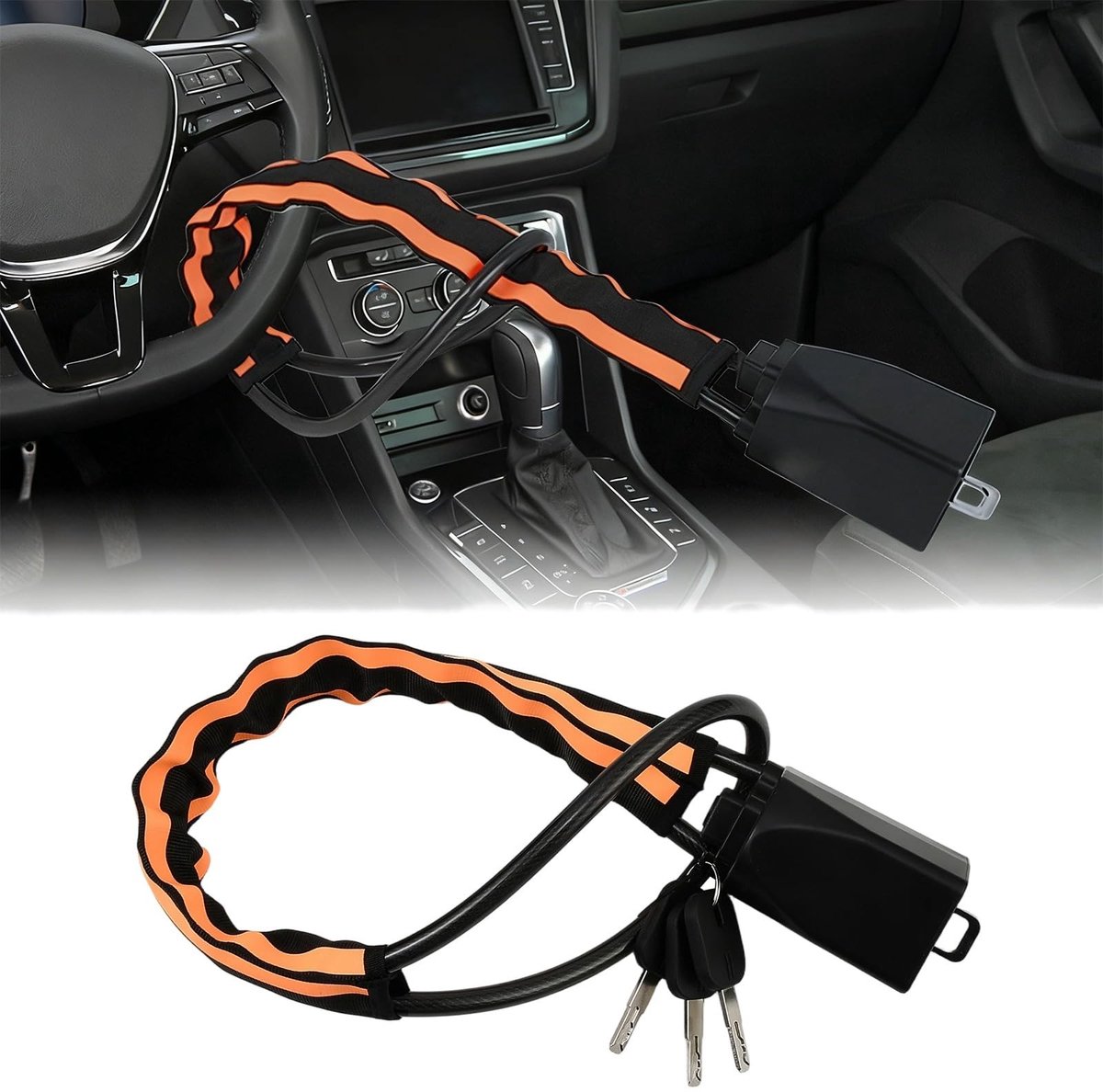 Dailygoods- Autostuurvergrendeling met reflecterende strepen - Universele Veiligheidsgordel - Anti-diefstal tot 43 cm - Roestvrijstalen Vergrendelingshaak - Hoogwaardig Staal - Stuurbeveiliging