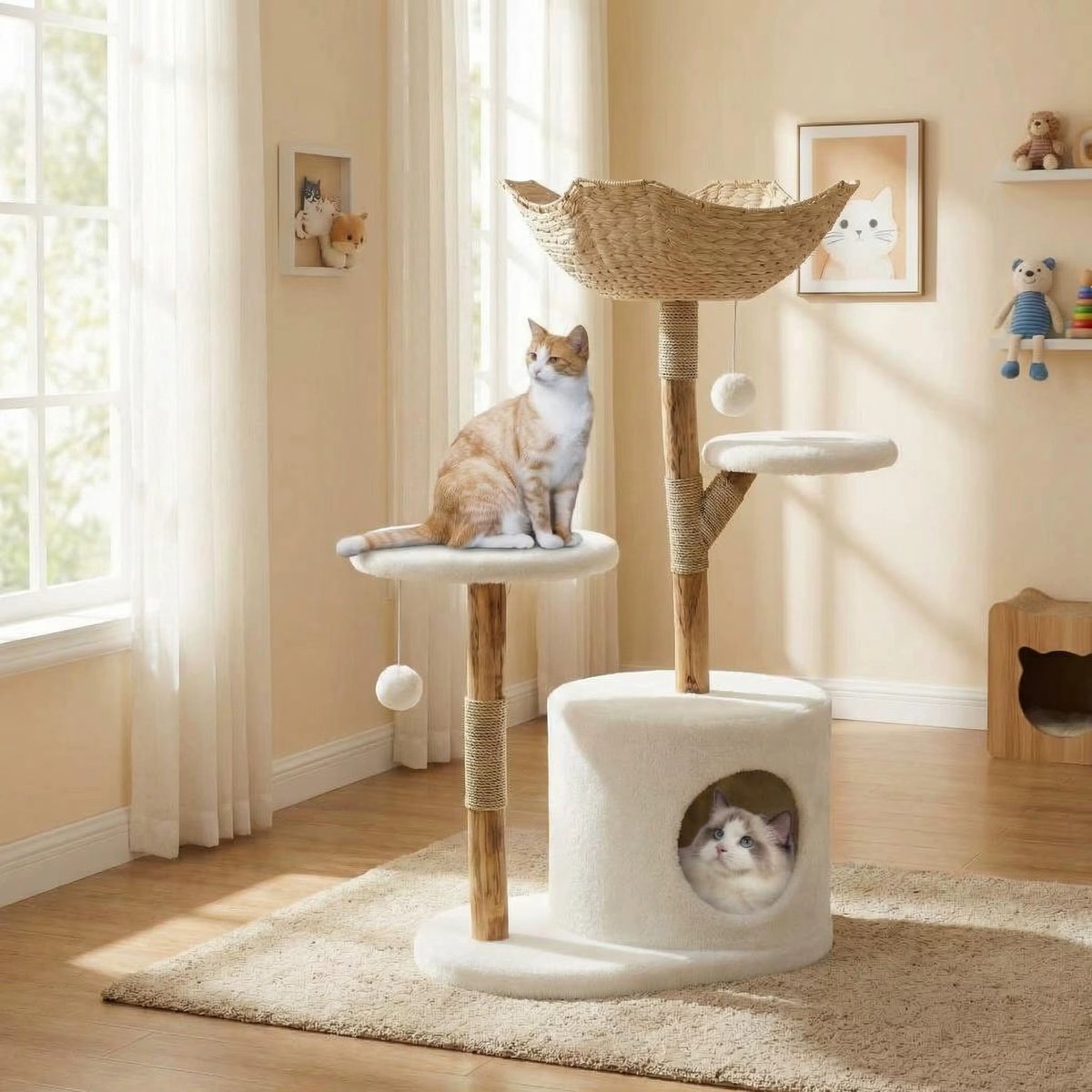 CreateEcom Krabpaal - kattenboom - Moderne Kattenboom van Natuurlijk Hout – Luxe Kattentoren met Grote Rieten Mand en krabpalen - 4 laags - wit