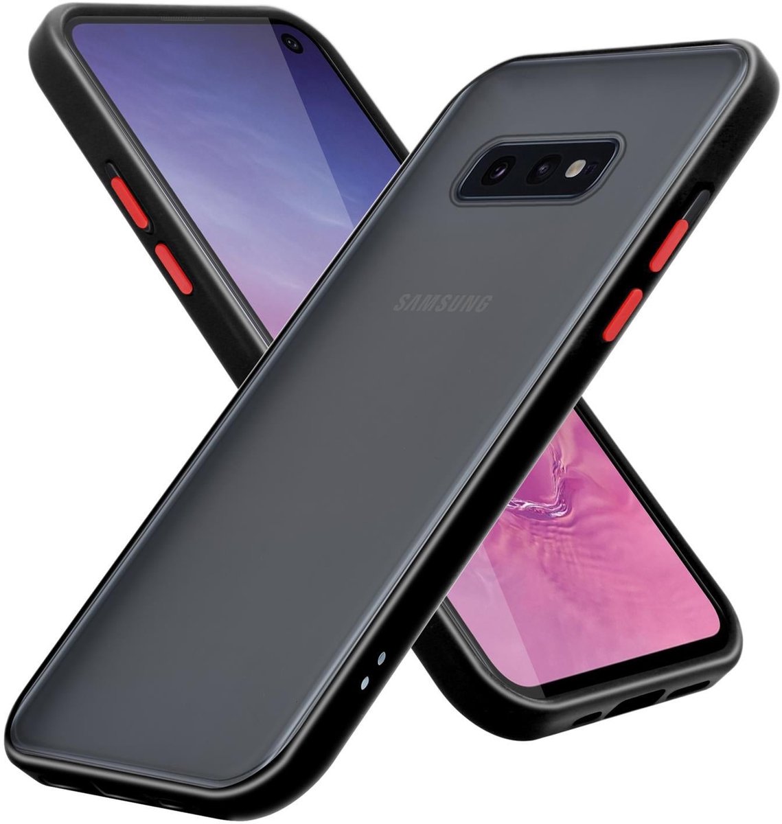 Cadorabo Hoesje geschikt voor Samsung Galaxy S10e in Mat Zwart - Rode Knopen - Hybride beschermhoes met TPU siliconen Case Cover binnenkant en matte plastic achterkant