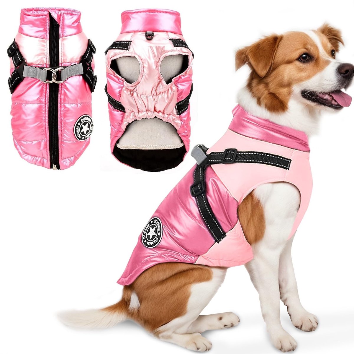 Dailygoods- Winterjas Waterdicht - Gevoerde Jas met Harnas - Hondentas voor Kleine Honden - Zwart/Roze - XXL - Comfortabele Pasvorm - Hondenjas