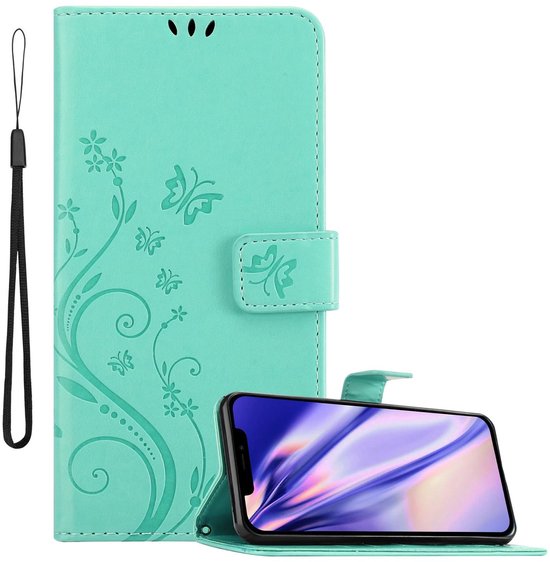 Cadorabo Hoesje geschikt voor Apple iPhone 12 / 12 PRO in BLOEMEN TURKOOIS - Beschermhoes in bloemmotief met magnetische sluiting, standfunctie en kaartsleuven Book Case Cover Etui