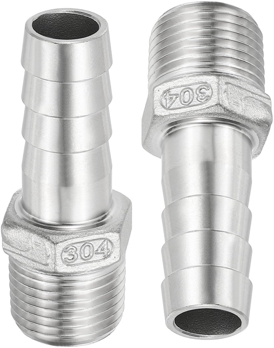 Dailygoods- Slangkoppeling 16 mm - 1/2 inch NPT - 2 Stuks - Roestvrij Staal - Weerhaak - Corrosiebestendig - Pijpfitting
