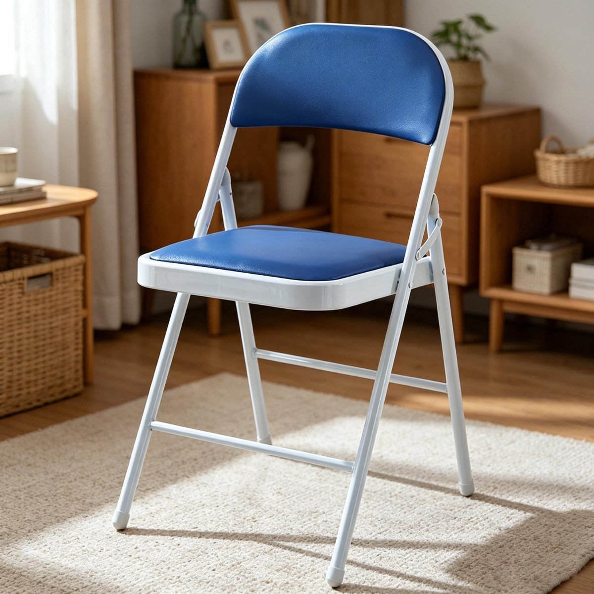 Klapstoel met zacht PU zitkussen blauw stalen frame afmeting 47x45x79 cm draagvermogen 75 kg, ergonomisch zitvlak voorkomt vermoeidheid bij langdurig zitten thuis kantoor en evenementen