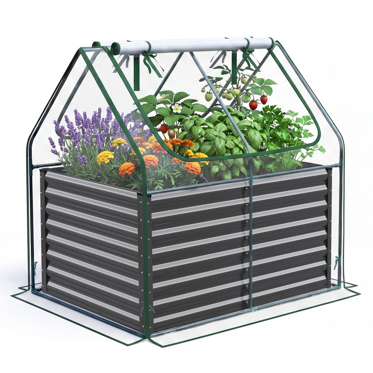 Quictent Verhoogde Kweekbak met Broeikas 120 x 90 x 62 cm – Moestuinbak van Verzinkt Staal met Afdekking en Ritsramen, Wit