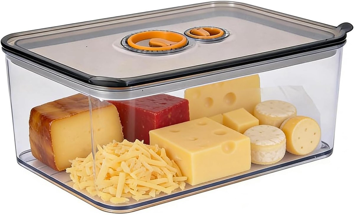 Kaaskoelbox 1700 ml met luchtdicht deksel en tijdcontroleknop voor stapelbare koelkast Kaasbox ook te gebruiken als praktische en gemakkelijk te reinigen koelkast Kaasbak, grijs