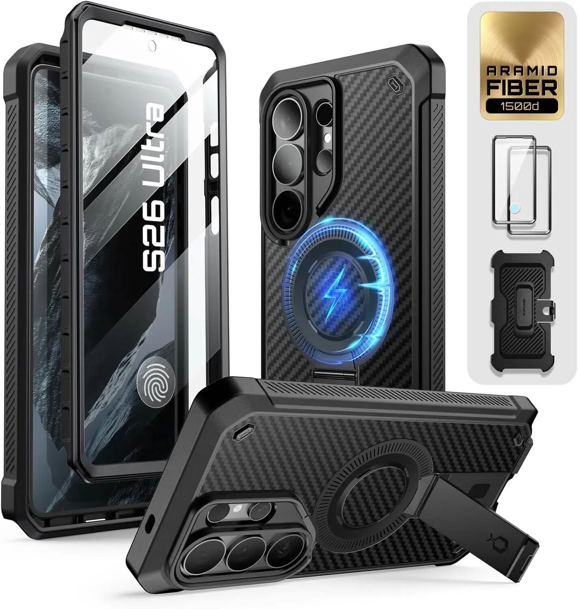 SUPCASE Unicorn Beetle Mag Pro - Hoesje Geschikt voor Samsung Galaxy S26 Ultra - Compatibel met MagSafe / Qi2 - Full Protect met Ingebouwde Screenprotector - Kickstand - Carbon