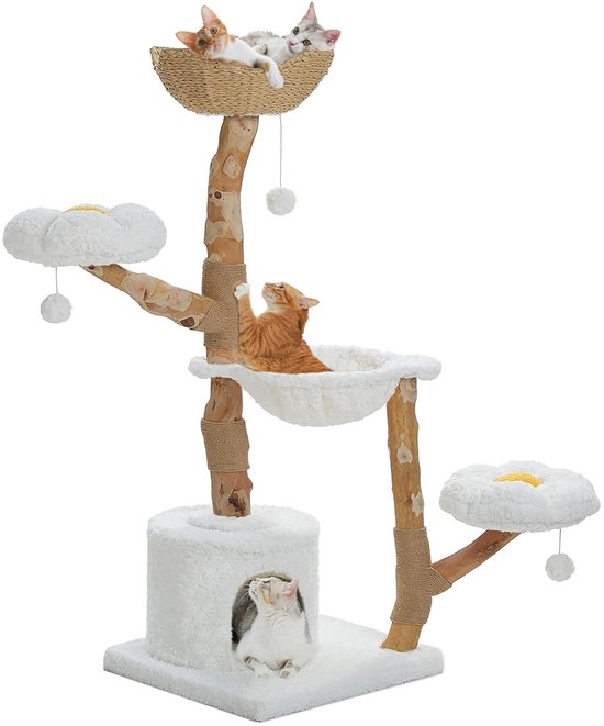 Raven Trading - Krabpaal Hout 150 cm – Design Kattenboom Boomstam met Hangmat, Mandbed en Sisal – Kattenkrabpaal voor Kittens en Grote Katten – Wolk Wit - Houten Krabpaal Boomstam