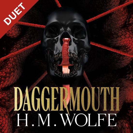 Duet - Daggermouth H.M. Wolfe, avec une police dorée sur un crâne noir avec un poignard.