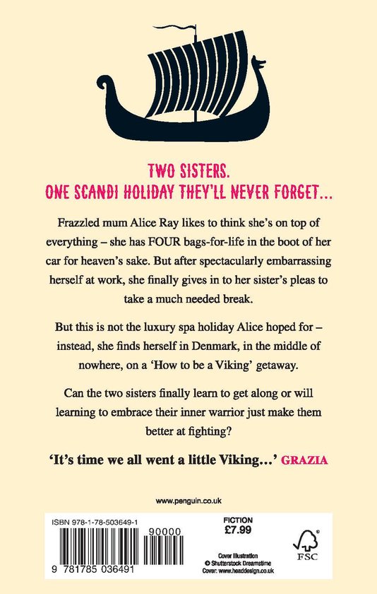 Zwart silhouet van een langschip met zeil. Titel: Two sisters. One Scandie holiday they'll never forget...