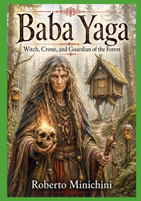 Boekomslag met Baba Yaga, een oude vrouw met lang grijs haar, die een schedel vasthoudt met vuur erop. Rechts staat een huisje op kippenpoten in een bos.