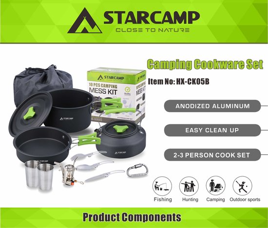 STARCAMP - 11-delige Kampeer Kookset met Brander & Waterkoker - Aluminium Pannenset - Outdoor Kookgerei met Bestek, RVS Bekers & Draagtas van StarCamp — afbeelding 3