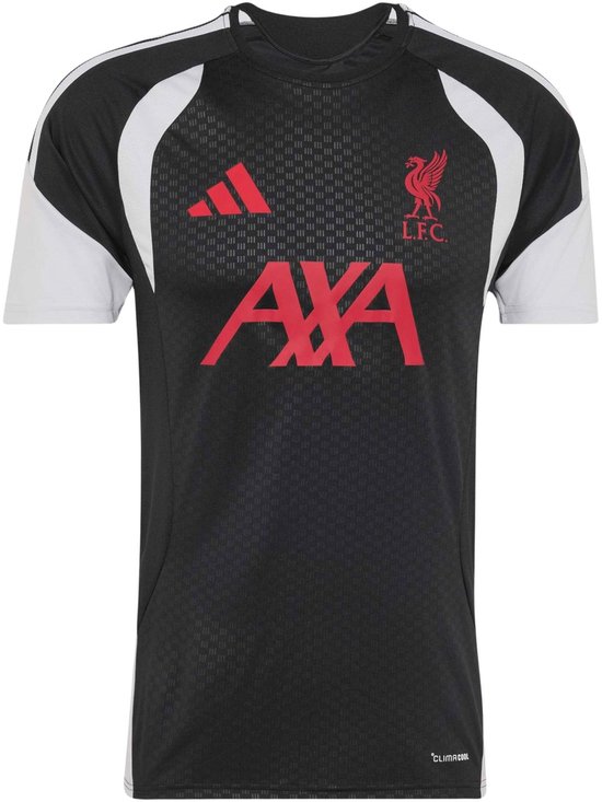 Zwart sportshirt met rode AXA-logo's, Liverpool-embleem en witte mouwen met Adidas-strepen. De stof heeft een subtiel ruitpatroon.