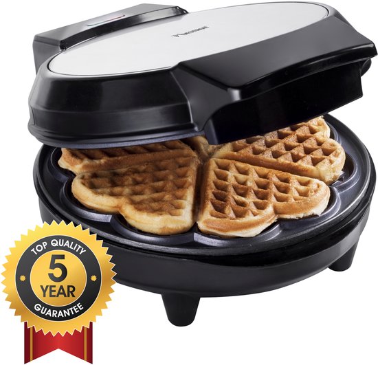 Bestron Wafelijzer - AWM700S - 700W - 5 hartvormige wafels - Anti aanbaklaag - Zilver/Zwart - 5 jaar garantie