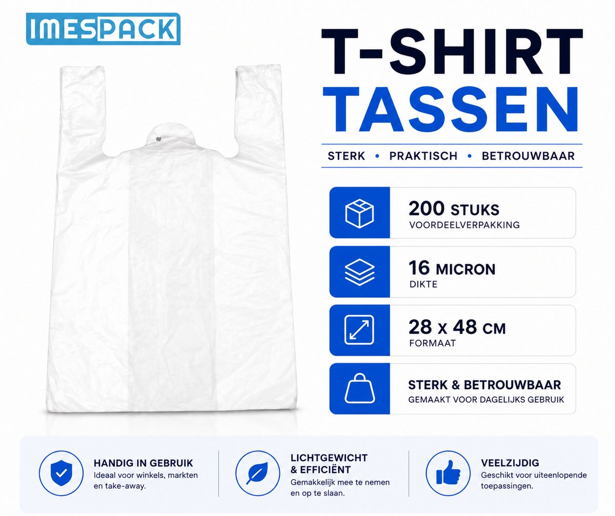 Hemdtas - 200st. - 28x48cm - 16mic - Wit - HDPE - Sterk - IMES PACK
