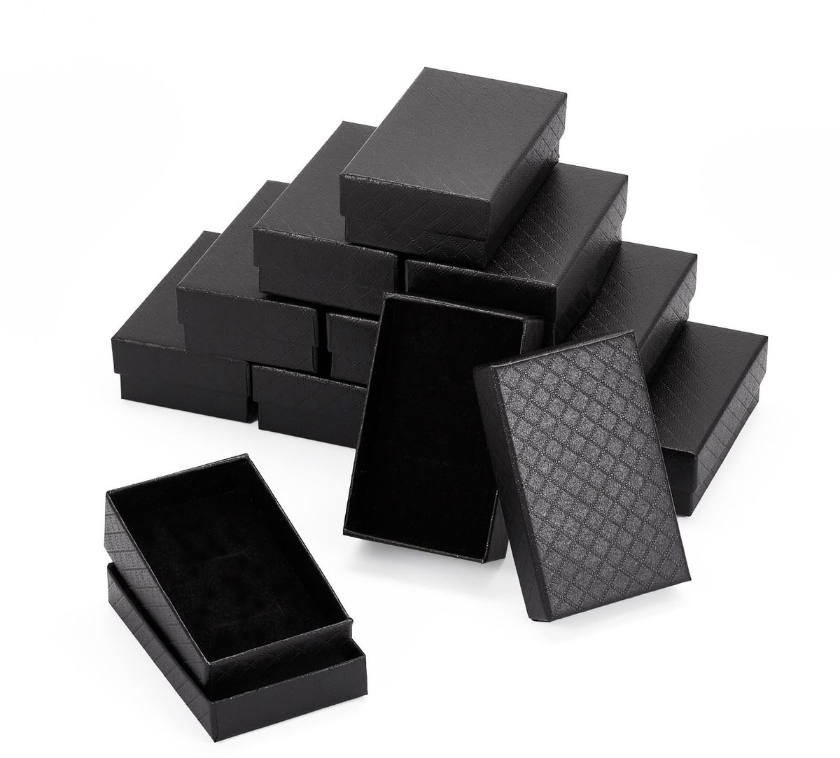 Dailygoods- Sieradendoos 12 stuks - Kartonnen Doos - Rechthoekig - Ruitpatroon - Zwart - 8,1 x 5,1 x 2,6 cm - Duurzaam met Spons - Juwelendoos