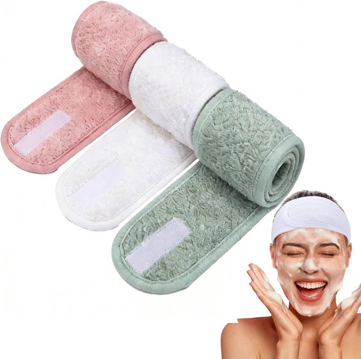 Verstelbare Gezichtshoofdbanden 3 stuks van dubbellaags koraal fleece voor huidverzorging, make-up en douchen