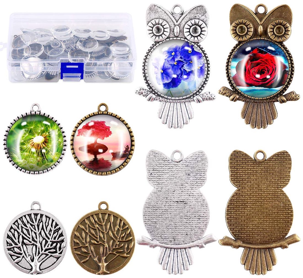 48Pcs 2 Vormen Hanger Trays Kit, 12Pcs Uil Hanger Trays en 12Pcs Ronde Boom Bezel Hanger Trays Met 24Pcs Glas Cabochon Clear Dome Voor Foto Hanger Craft Sieraden Maken