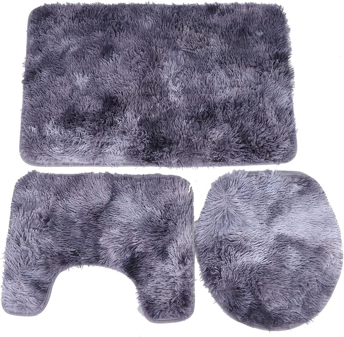 Set van 3 Badkamer Tapijten met Toiletmat en Shag Rug - Antislip en Wasbaar in Paars