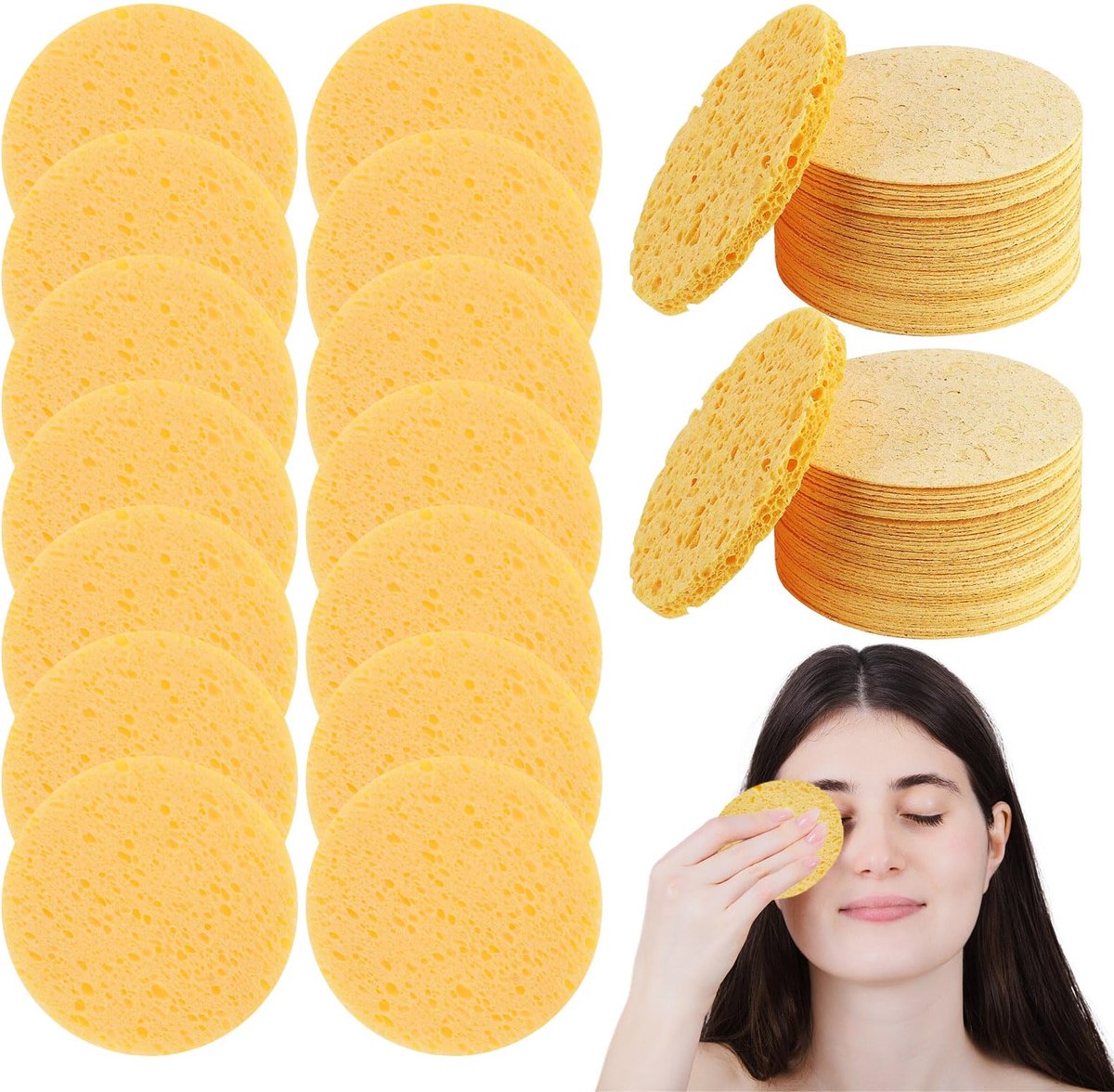 Gezichtsspons, gecomprimeerd, 70 stuks gezichtsspons, wasbaar, ronde make-upspons, herbruikbaar, voor gezichtsreiniging (geel)