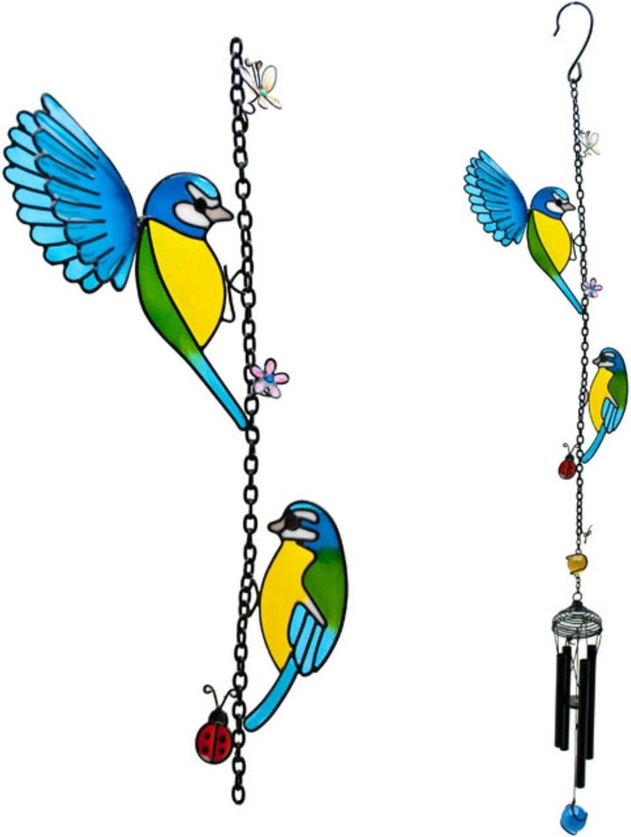Windgong Twee Vogels - Tuindecoratie Buiten - Tuin Verfraaien - Handgemaakt Met Details - 90 cm Lang - Gekleurd