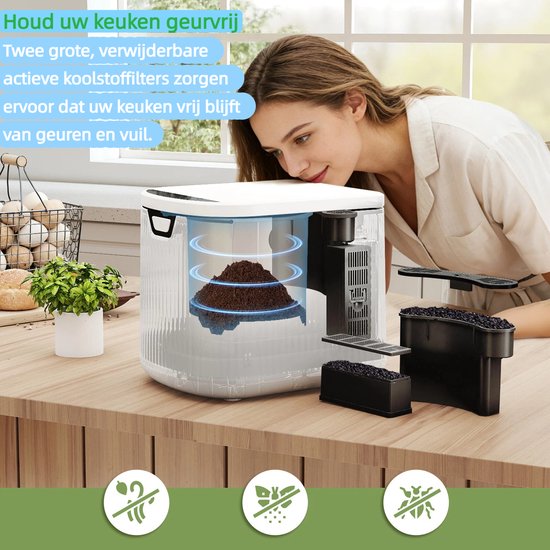 Keukencompostbak met twee grote, verwijderbare koolstoffilters die geuren neutraliseren.