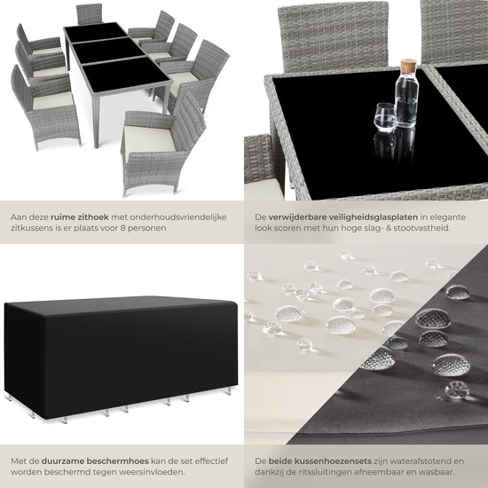 Grijze wicker tuinset met tafel en 8 stoelen, met beschermhoes en kussensets, waterafstotend.