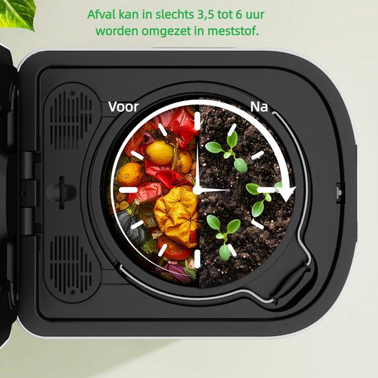 Binnenzijde van een compostbak, met aan de linkerzijde een klok vol groenteafval en aan de rechterzijde de compost.