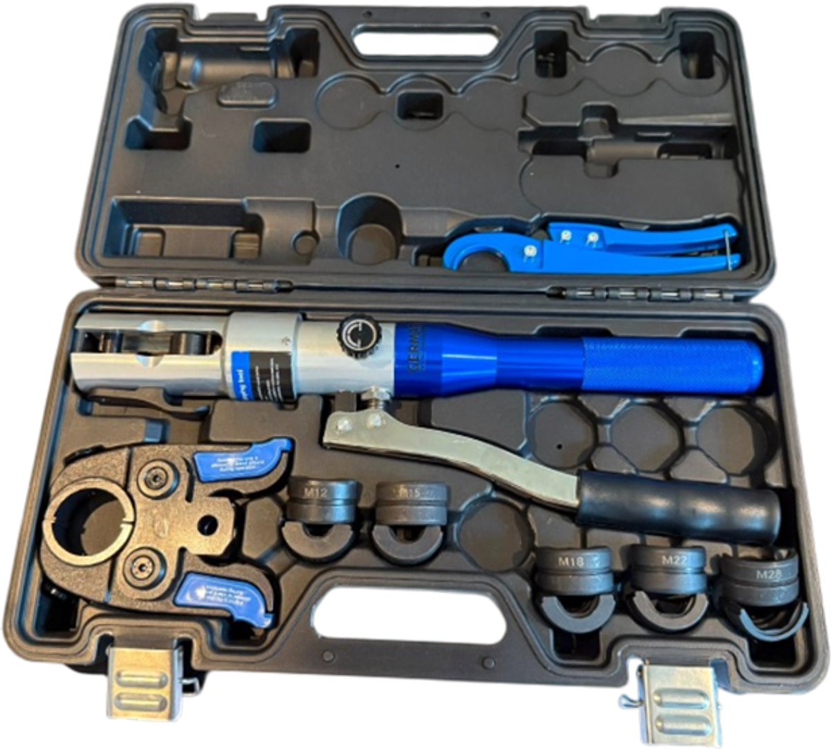 Germat Hydraulische Handperstang M12-28 – Geschikt voor Viega, Geberit, VSH, Sanha & Comap – Incl. M12, M15, M18, M22 & M28 Persbekken – Voor Water, CV & Gas