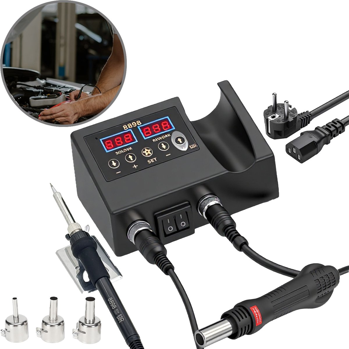 2‑in‑1 soldeer‑ en heteluchtstation Model 8898 | Digitaal instelbaar, 220V EU‑versie voor printplaat‑ en telefoonreparatie
